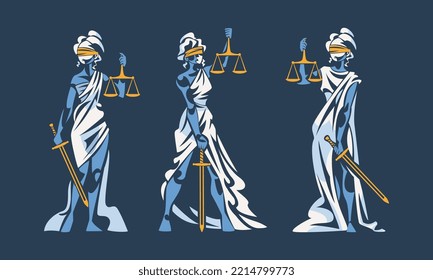 Set of Lady Justice. Themis, goddess of order and justic with scales and sword vector illustration