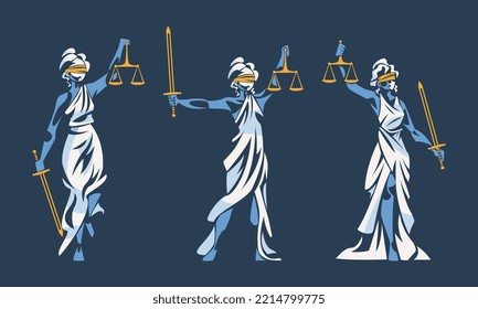 Set of Lady Justice. Themis, goddess of order and justic. Blind woman with scales and sword vector illustration