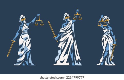 Set of Lady Justice. Themis, goddess of Greek mythology. Blind woman with scales and sword vector illustration