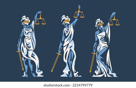 Set of Lady Justice. Themis, goddess of Greek mythology vector illustration