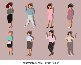Set of lady standing concept. Cartoon character for your project. Vector illustration in a flat style.