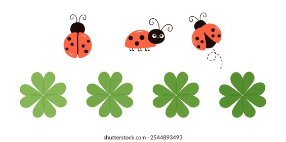 Set of ladybird cartoons and green clover leaves icon set isolated on white background vector.