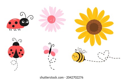Conjunto de íconos de mariposa, abeja, flor rosada y girasol aislados en ilustración vectorial de fondo blanco. Estilo de dibujos animados.