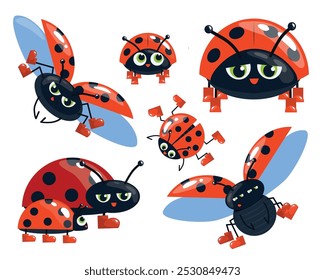 Conjunto de personagens de joaninha em desenho animado style.Vetor ilustração de joaninhas brilhantes com emoções diferentes: voando, rastejando, andando, fofo, chateado, apertando botas vermelhas isoladas em um fundo branco.