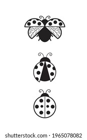 Set ladybug, Flying ladybug, black polka dots summer, simple black and white illustrationcartoon characters vector linear art for printing greeting cards and coloring books