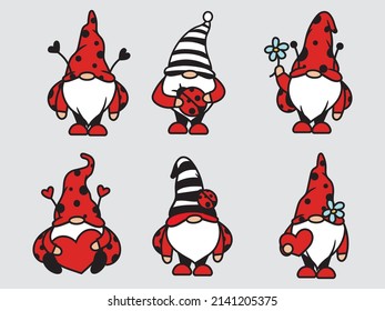 Set of ladybug gnomes. Collection of gnome in funny costume insects. Spring gnome. Funny fairy character. Vector illustration on white background. Drawing for children.