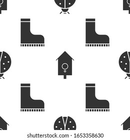 Set Ladybug, Retro wall watch and Waterproof rubber boot on seamless pattern. Vector