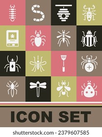 Set Ladybug, Spider, Colorado beetle, Hive for bees, Beetle deer, Book about insect, Centipede and Mosquito icon. Vector