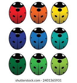 set Ladybug top view red cute insect with black spots paws and antenna summer beetle vector flat illustration. Biology character, koksi beetle.