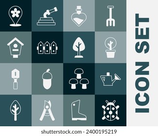Set Ladybug, Watering can, Forest, Bottle with love potion, Garden fence wooden, Bird house, Location flower and  icon. Vector