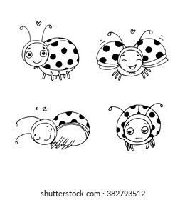 Set of ladybugs. Hand drawing isolated objects on white background. Vector illustration. 