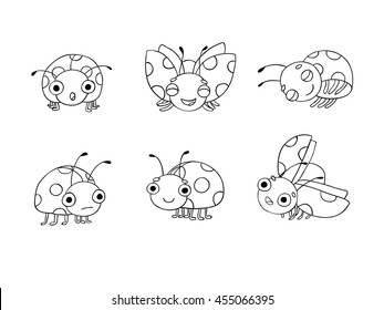 Set of ladybugs. Hand drawing isolated objects on white background. Vector illustration. 