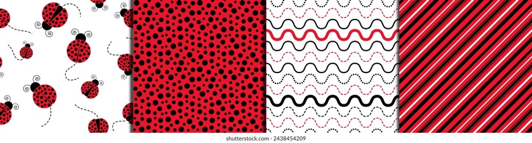 Set of ladybugs seamless patterns. Patterns of lines, polka dots and ladybugs. Kids, children. For fashion, wrapping, textile, fabric, wallpaper, garment etc. Isolated vector.