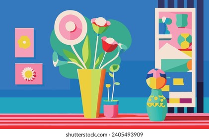 A set of laid out flowers. Drawing, colorful flowers. interior painting. flat design. Hand drawn illustration. Each flower is blooming.