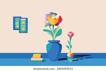 A set of laid out flowers. Drawing, colorful flowers. interior painting. flat design. Hand drawn illustration. Each flower is blooming.