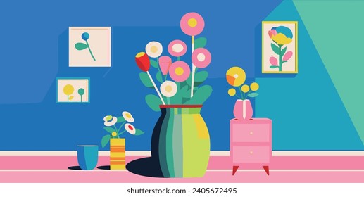 A set of laid out flowers. Drawing, colorful flowers. interior painting. flat design. Hand drawn illustration. Each flower is blooming. Vector flower.