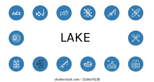 Set of lake icons. Such as Canoe, Fishing, Fish, Kayak, Fishing rod, Life jacket, Jet ski, Lake, Life vest, Oars , lake icons