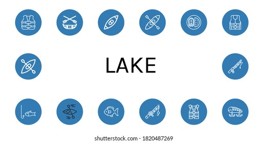 Set of lake icons. Such as Life vest, Canoe, Kayak, Fish, Life jacket, Fishing, Fishing rod, Fishing baits , lake icons
