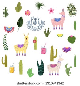 Set Lama Alpaca cacti drinks and decorative. Collection of elements for decoration, vector, illustration, isolated, cute style