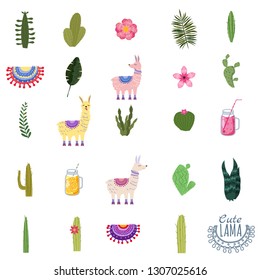 Set Lama cacti drinks and decorative. Collection of elements for decoration, vector, illustration, isolated, cute style