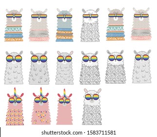 Set Lama in the Scandinavian style, fashionable, cool, in rainbow glasses. LGBT freedom concept