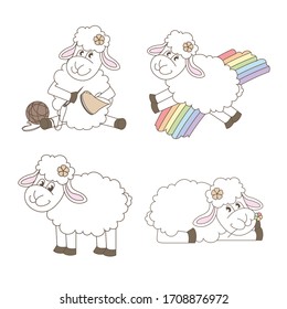 Set of lambs. Sheep sews. Lamb and rainbow. Lamb with flower