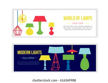Set of lamp banners for shop. Flat furniture decoration isolated on white background