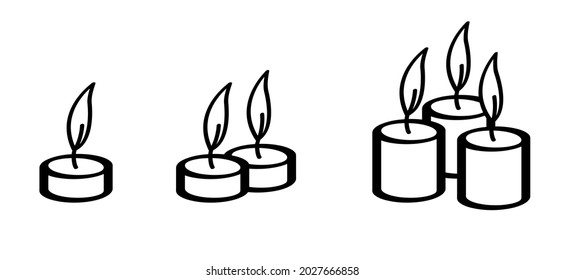 Set lamp. Candle day on 11 december. Advent, light fire lamp. Drawing, burning candle flame Vector pictogram. Earth hour, burning memorial candles, Old candlestick. Christmas xmas time. Icon symbol.