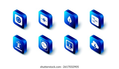 Set Lamp in electronic circuit, Leaf Eco symbol, Switch, Cloud and lightning, Ampere meter, multimeter, AC voltage source, Electric tower line and Power button icon. Vector