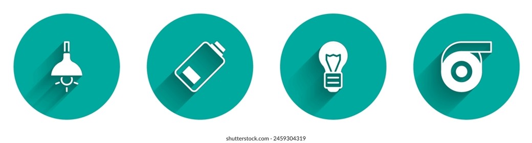 Set Lamp hanging, Battery charge, Creative lamp light idea and Roll adhesive tape icon with long shadow. Vector