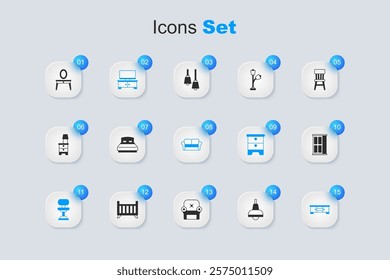 Set Lamp hanging, Big bed, TV table stand, Office chair, Wardrobe, Dressing and Sofa icon. Vector