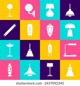 Set Lamp hanging, Table lamp, Light emitting diode, Fluorescent, Floor and Garden light icon. Vector