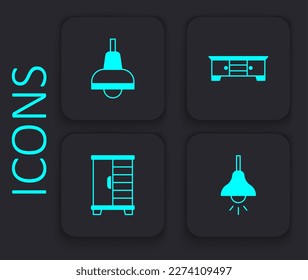 Set Lamp hanging, TV table stand and Wardrobe icon. Black square button. Vector