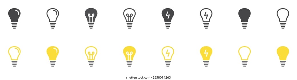 Set of lamp icons. Light bulb symbol, electricity, lighting, electric lamp. Innovation idea, effective thinking, solution, inspiration. Illuminated lamp, idea, creative. Vector.