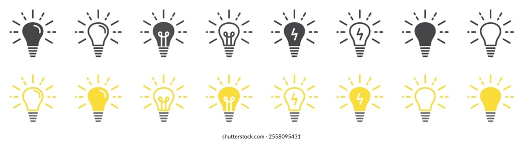 Set of lamp icons. Light bulb symbol, electricity, lighting, electric lamp. Innovation idea, effective thinking, solution, inspiration. Illuminated lamp, idea, creative. Vector.