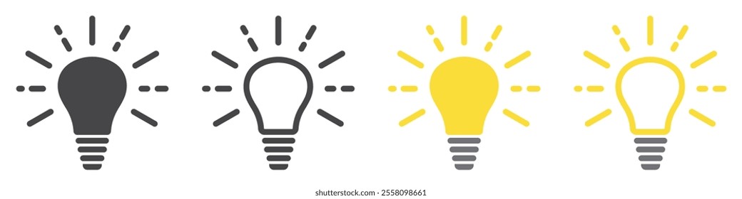 Set of lamp icons. Light bulb symbol, electricity, lighting, electric lamp. Innovation idea, effective thinking, solution, inspiration. Illuminated lamp, idea, creative. Vector.