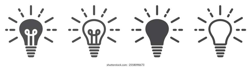 Set of lamp icons. Light bulb symbol, electricity, lighting, electric lamp. Innovation idea, effective thinking, solution, inspiration. Illuminated lamp, idea, creative. Vector.