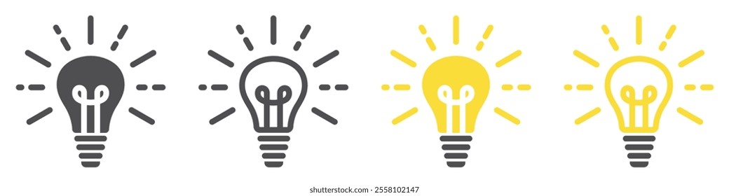 Set of lamp icons. Light bulb symbol, electricity, lighting, electric lamp. Innovation idea, effective thinking, solution, inspiration. Illuminated lamp, idea, creative. Vector.