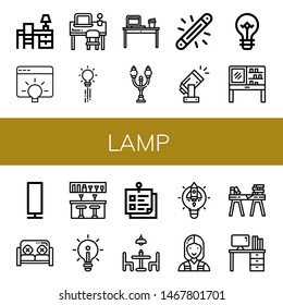 Set of lamp icons such as Desk, Idea, Creativity, Street lamp, Glow, Light, Light bulb, Dressing table, Paper lamp, Sofa, Bar counter, Sticky note, Dining table, Lightbulb ,