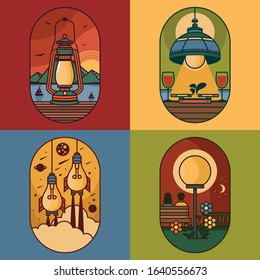 Set of lamp idea , logo, patches, emblems, badges, sticker and labels.  Stock vector patches isolated on color background.
