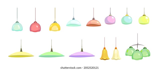 Set lamp isolated on white background. Plafonds for the interior of residential buildings, offices and other premises. Modern chandeliers and shades. Illustration flat design cartoon style. Vector.