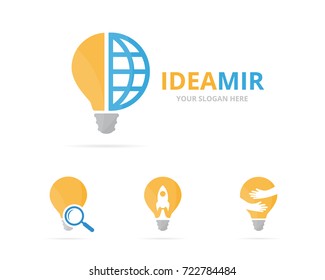 Set of lamp logo combination. Lightbulb and world symbol or icon. Unique idea and globe logotype design template.