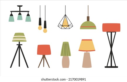 Set of lamp in modern style. Scandinavian ceiling lamp, table lamp, floor lamp. Flat vector Lighting elements.
