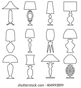 Set of lamp outline icon isolated on white background. Collection of vector drawing icons of table lamps of various shapes.
