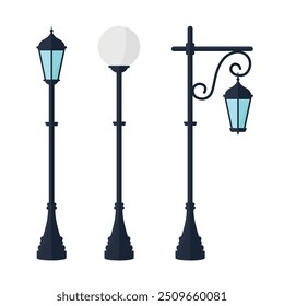 Set of lamp posts on a white background. Street lighting. Concept of urban street and park lighting.