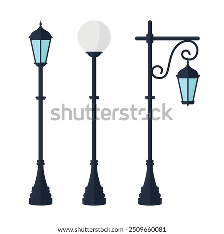 Set of lamp posts on a white background. Street lighting. Concept of urban street and park lighting.