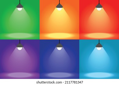 Set of Lamp vector with space for text or object, studio light background or wallpaper. green, orange, red, violet, blue, light blue.