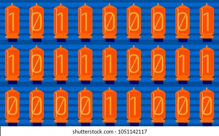 Set of lamps, Analogue - Digital, Binary code. Yes and No, one (1)  and zero (0) in electronic retro lamps interpretation. Yellow - orange on blue, cryptography, modern era, seamless background
