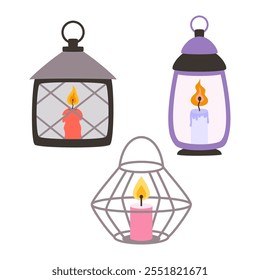 set of lamps with candle inside isolated on white background, burning fire, home comfort decor, vector object of cartoon lantern, cozy christmas decor, hygge style