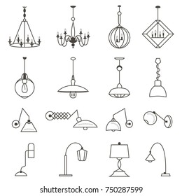 Set of Lamps and Chandeliers Line Icons. Electrical Devices in Linear Style. Elements of modern interior. Vector illustration.